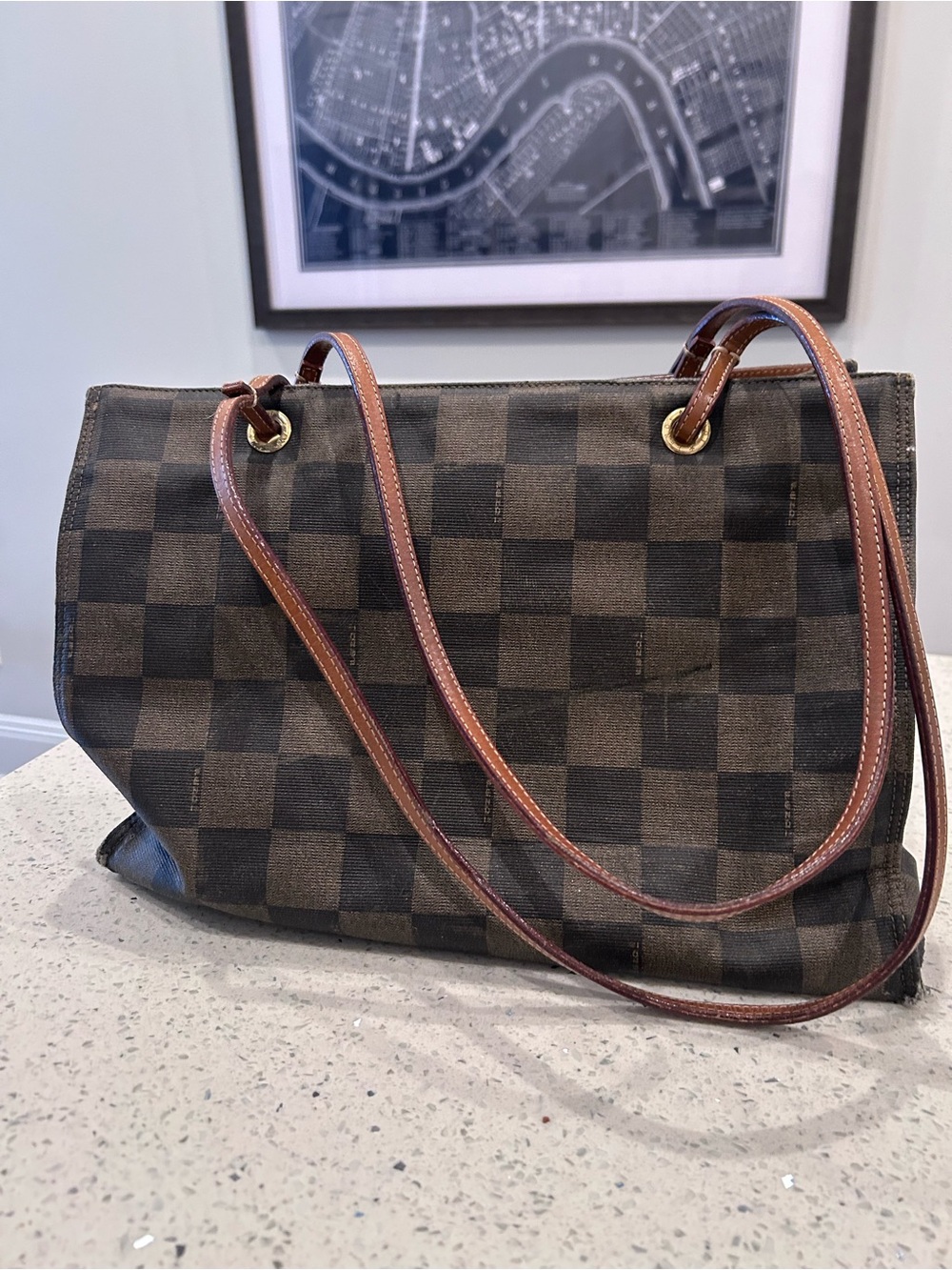 Fendi Brown Checkered Canvas Tote with Tan Leather Straps